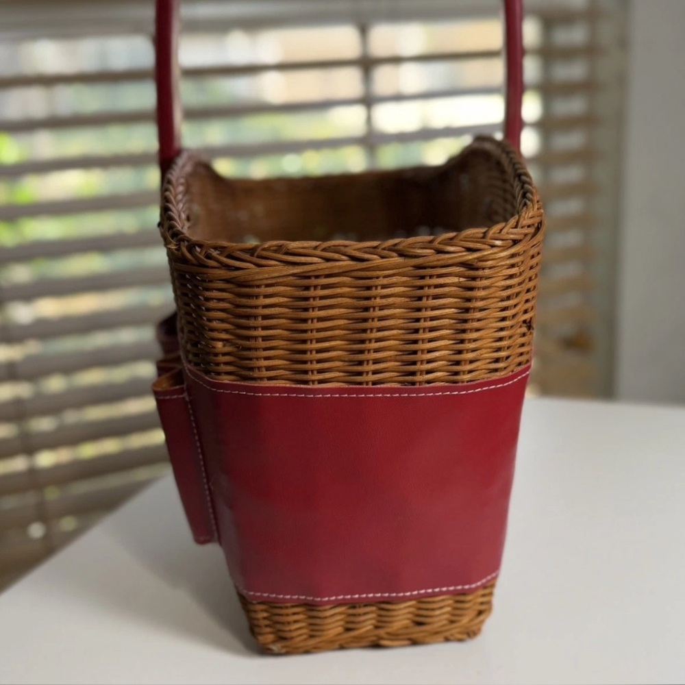Vintage Wicker Garden Tote Basket, Red Faux Leather Tool Organizer,Decor Storage - Picture 4 of 8